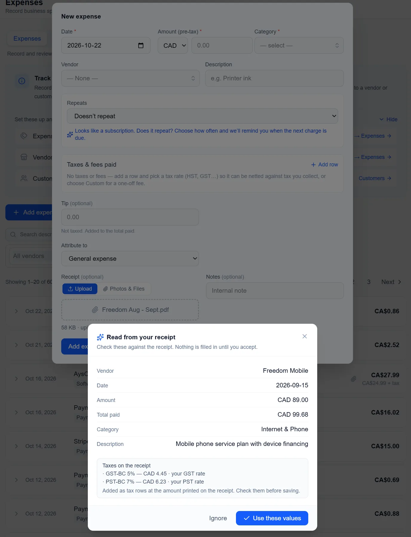 Read from your receipt: vendor, amount, category and taxes, filled in only when you accept
