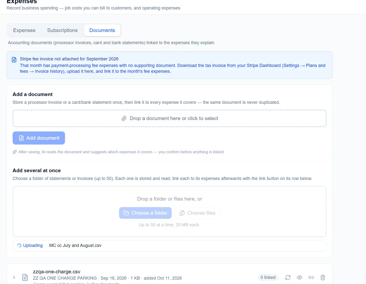 Add a folder of statements or invoices at once; AI suggests which expenses each one covers