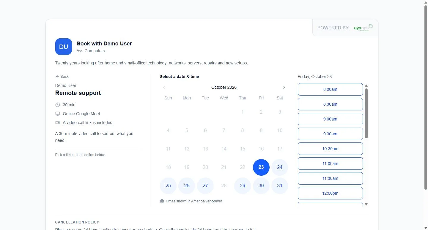 Your booking page: customers pick a service, then a day and a time