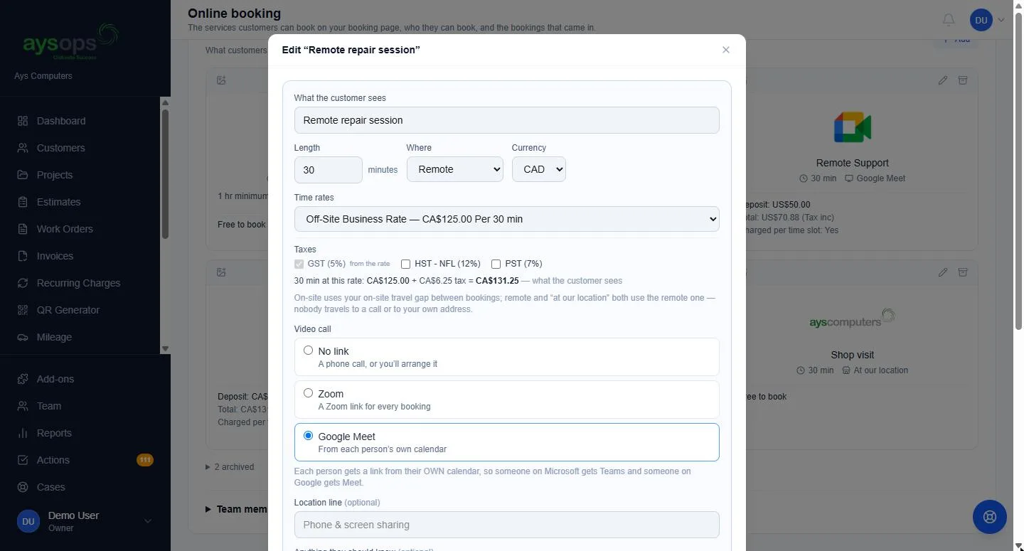 Setting up a service: length, where it happens, its rate and the video-call link