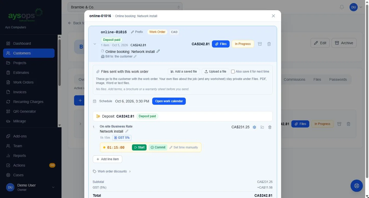 A paid booking arrives as a work order with the deposit already recorded