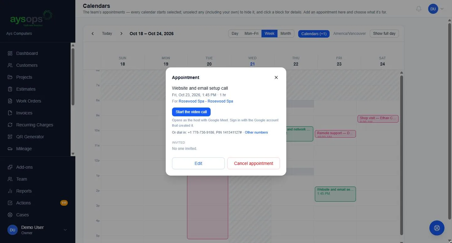 A Google Meet link and dial-in, created with the appointment