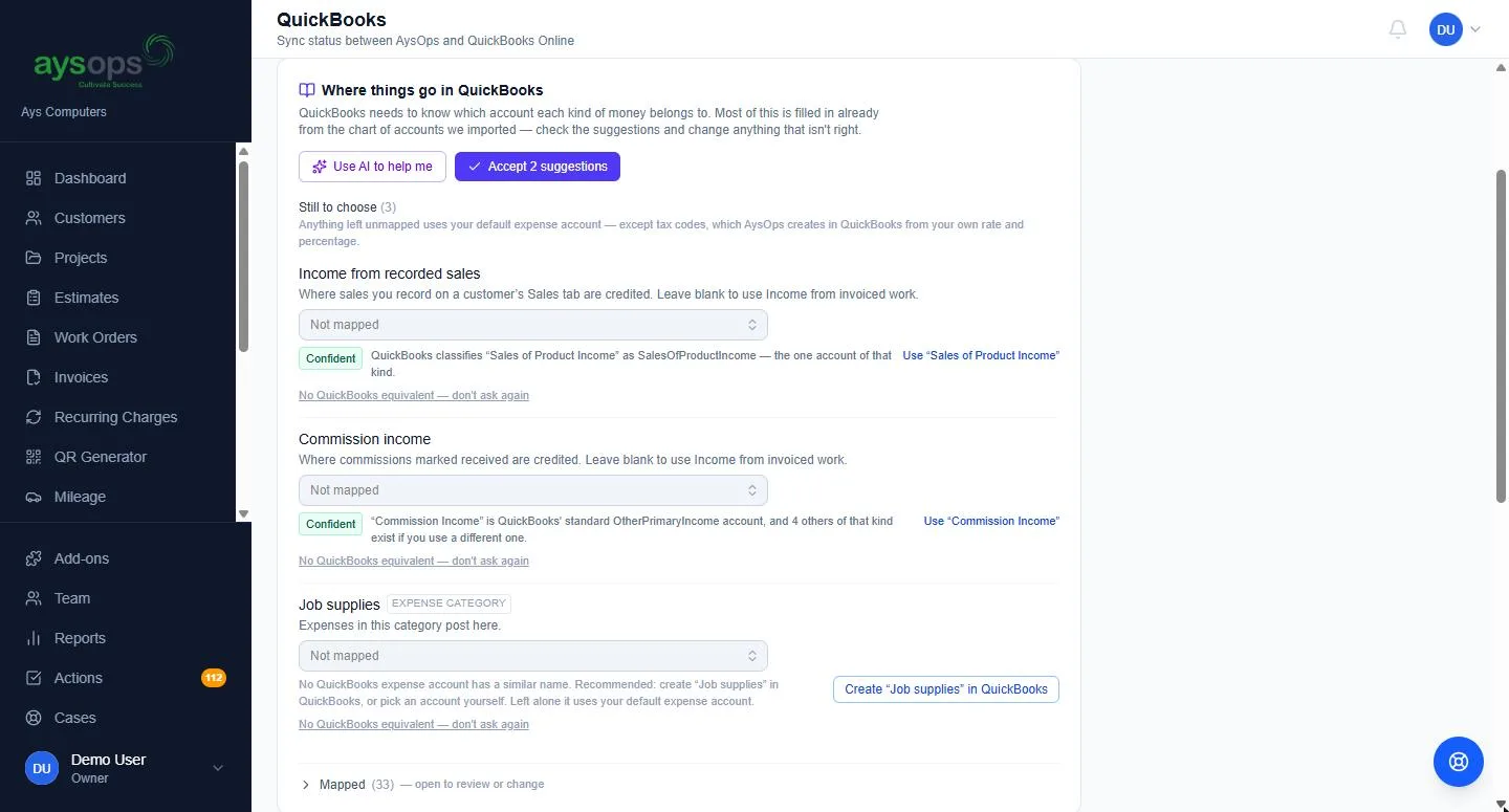 Where things go in QuickBooks: suggested account mappings to accept or change