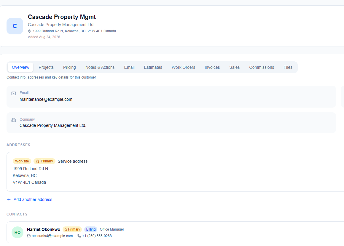 A customer's workspace in AysOps: overview tab with contact info, addresses and contacts, plus tabs for projects, pricing, notes, estimates, work orders, invoices and files