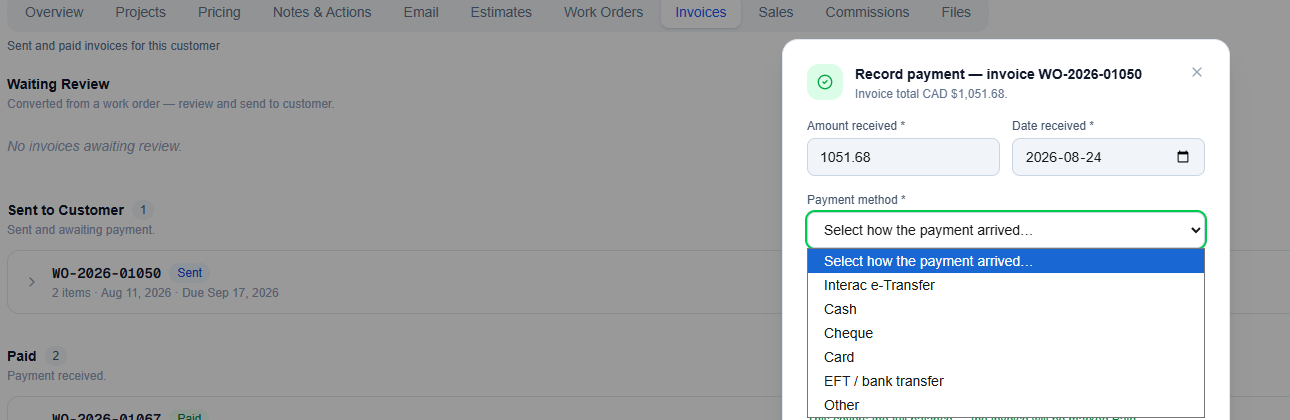 A customer's invoices in AysOps grouped by waiting review, sent, and paid, with a record-payment dialog open showing payment methods