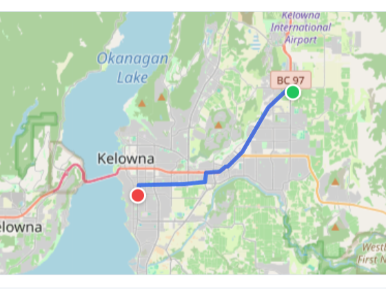 Planning a trip in AysOps: vehicle, from and to addresses, a calculated driving route on the map, and the round-trip distance ready to record